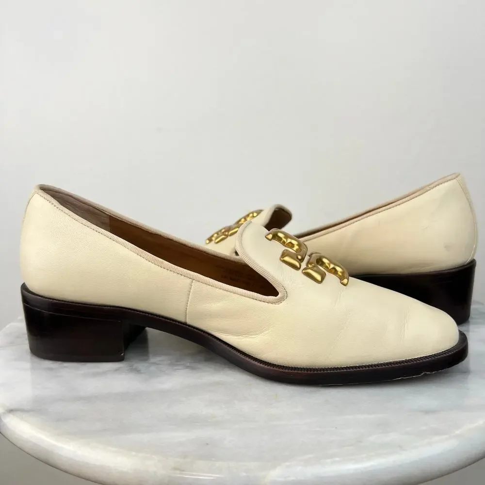 Tory Burch Eleanor Logo Block Heeled Shoes Ivory Leather Slip In Loafer (Sz 8.5)